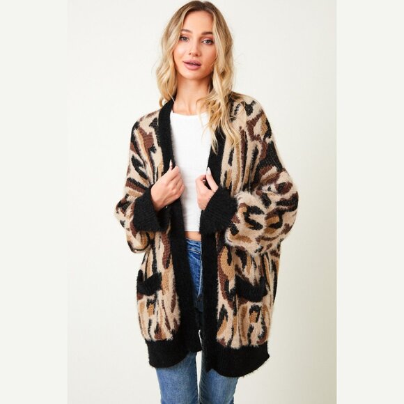 ON BLUE Fuzzy Knit Leopard Print Cardigan - Picture 1 of 10